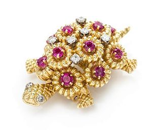 An 18 Karat Yellow Gold, Ruby and Diamond Turtle Brooch, 15.60 dwts.