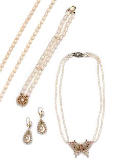 * A Collection of Yellow Gold, Cultured Pearl and Multigem Jewelry,