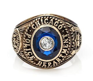A 10 Karat Yellow Gold, Synthetic Sapphire and Diamond Chicago Police Department Ring, 9.20 dwts.
