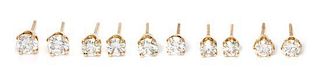 A Collection of Yellow Gold and Diamond Stud Earrings, 2.80 dwts.