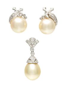 A Collection of White Gold, Cultured Golden South Sea Pearl and Diamond Jewelry, 7.50 dwts.