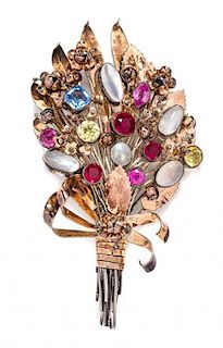 A Sterling Silver, Gilt Silver, Paste and Moonstone Floral Bouquet Brooch, Hobe, 57.90 dwts