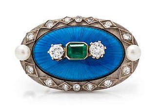 * A White Gold, Diamond, Emerald, Cultured Pearl and Guilloche Enamel Pendant/Brooch, Pendant/Brooch, 5.20 dwts.