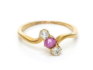 * An Edwardian Yellow Gold, Diamond and Pink Sapphire Ring, 1.20 dwts.