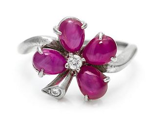 A White Gold, Star Ruby, and Diamond Clover Motif Ring, 2.50 dwts.