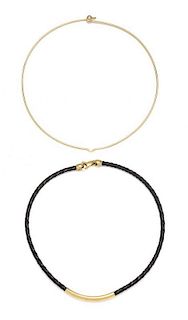A Collection of 14 Karat Yellow Gold and Leather Collar Necklaces,
