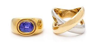 An 18 Karat Yellow Gold and Tanzanite Ring and Platinum and 18 Karat Yellow Gold Ring, 11.35 dwts.