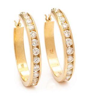 A Pair of 14 Karat Yellow Gold and Diamond Hoop Earrings, 5.40 dwts.