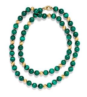 * A Yellow Gold and Malachite Bead Necklace,