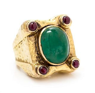 An 18 Karat Yellow Gold, Emerald and Ruby Ring, 18.90 dwts.