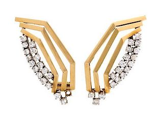 A Pair of Yellow Gold and Diamond Earclips, 9.30 dwts.
