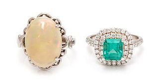 A Collection of White Gold, Opal, Green Beryl and Diamond Rings, 7.60 dwts.