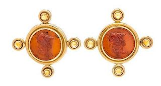A Pair of 18 Karat Yellow Gold, Glass and Citrine Earclips, 17.50 dwts.