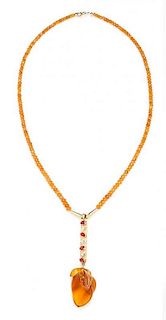 A 14 Karat Yellow Gold, Spessartite Garnet, Amber and Diamond Lavalier Necklace, 18.60 dwts.