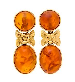 A Pair of 18 Karat Yellow Gold and Amber Earrings, Italy, 12.00 dwts.