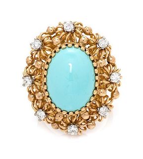 A Yellow Gold, Turquoise and Diamond Ring, 7.10 dwts.