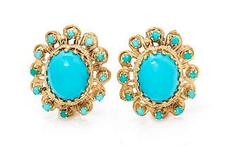 A Pair of 14 Karat Yellow Gold and Turquoise Earclips, 7.70 dwts.