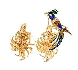 * A Collection of 14 Karat Yellow Gold and Polychrome Enamel Brooches, 35.20 dwts.