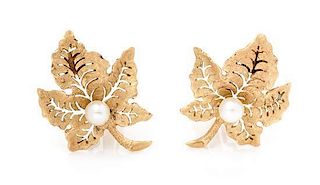 A Pair of 14 Karat Yellow Gold and Cultured Pearl Leaf Motif Earclips, 5.80 dwts.