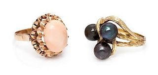 A Collection of Gold, Coral and Cultured Pearl Rings, 3.70 dwts.