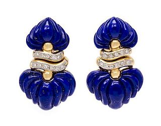 * A Pair of Yellow Gold, Lapis Lazuli and Diamond Earclips, 10.10 dwts.