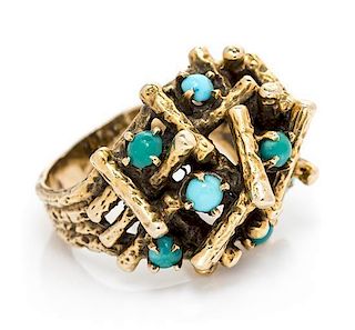 A Modernist Yellow Gold and Turquoise Ring, 7.10 dwts.
