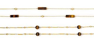 A Collection of 14 Karat Gold and Tiger's Eye Bead Necklaces, 21.50 dwts.
