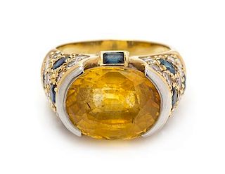 A Yellow Gold, Platinum, Yellow Sapphire, Sapphire and Diamond Ring, 6.00 dwts.