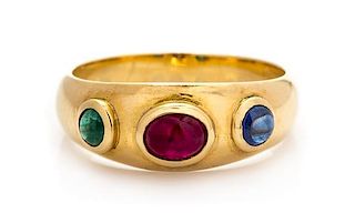 An 18 Karat Yellow Gold, Ruby, Sapphire and Emerald Ring, 2.50 dwts.