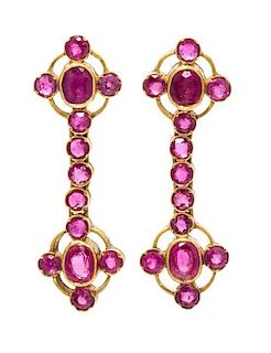 A Pair of 18 Karat Yellow Gold and Ruby Earrings, 2.80 dwts.