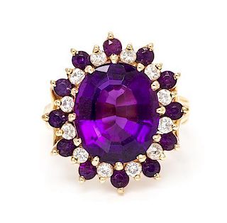 A Yellow Gold, Amethyst and Diamond Ring, 5.60 dwts.