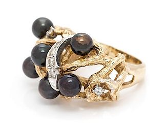 A 14 Karat Yellow Gold, Cultured Pearl and Diamond Ring, 7.50 dwts.