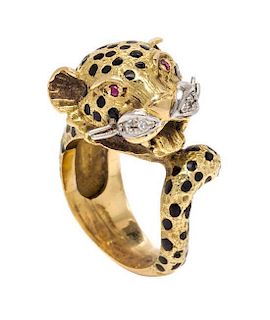 A Yellow Gold, Platinum, Diamond, Ruby and Enamel Panther Ring, 8.70 dwts.