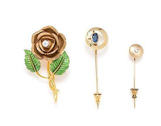 * A Collection of Yellow Gold Stickpins and a Brooch, 9.60 dwts.