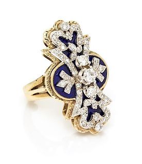 * A Bicolor Gold, Diamond and Enamel Ring, 10.50 dwts.