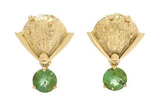 A Pair of 18 Karat Yellow Gold and Green Tourmaline Pendant Earrings, 4.50 dwts.