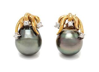 A Pair of 18 Karat Yellow Gold, Cultured Tahitian Pearl and Diamond Earclips, 8.20 dwts.