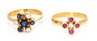 A Collection of Yellow Gold, Diamond, Ruby and Sapphire Rings, 4.70 dwts.
