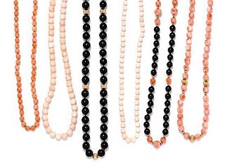 A Collection of Yellow Gold, Onyx and Coral Bead Necklaces, 188.40 dwts.