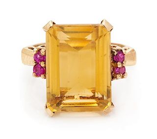 A Retro Rose Gold, Citrine and Ruby Ring, 4.00 dwts.