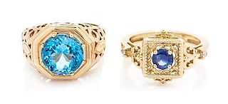 A Collection of 14 Karat Yellow Gold, Sapphire, Blue Topaz and Diamond Rings, 3.20 dwts.
