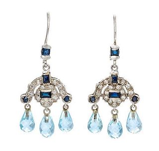 A Pair of 14 Karat White Gold, Blue Topaz, Sapphire and Diamond Dangle Earrings, 4.20 dwts.