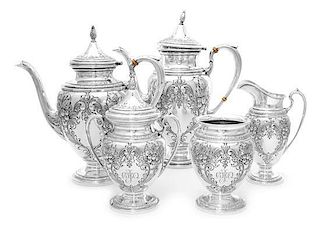 An American Silver Five-Piece Tea and Coffee Set, Ellmore Silver Co., Meriden, CT, Circa 1940, Champlain pattern, comprising a t