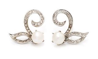 A Pair of White Gold, Cultured Pearl and Diamond Earrings, 3.40 dwts.