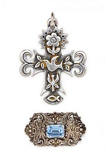 A Sterling Silver "Primavera" Cross Pendant, James Avery, An 800 Silver and Synthetic Spinel Brooch 18.20 dwts.