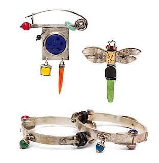 * A Collection of Sterling Silver, Glass, Enamel, Multigem and Rubber Jewelry, Heinz Brummel, Circa 1994-1999, 90.40 dwts.