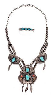 * A Silver, Turquoise, Coral and Claw Necklace, Navajo, 88.30 dwts.
