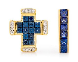 A Collection of Yellow Gold and Sapphire Jewelry, 4.40 dwts.