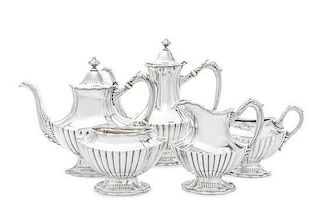 An American Silver Five-Piece Tea and Coffee Set, Reed & Barton, Taunton, MA, Circa 1930, comprising a teapot, coffee pot, cream