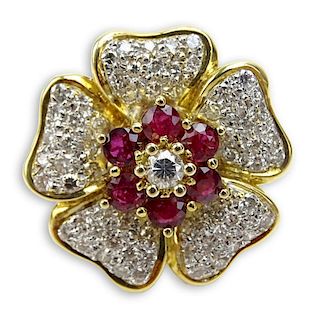 Round Brilliant Cut Diamond, Ruby and 18 Karat Yellow Gold Flower Ring.